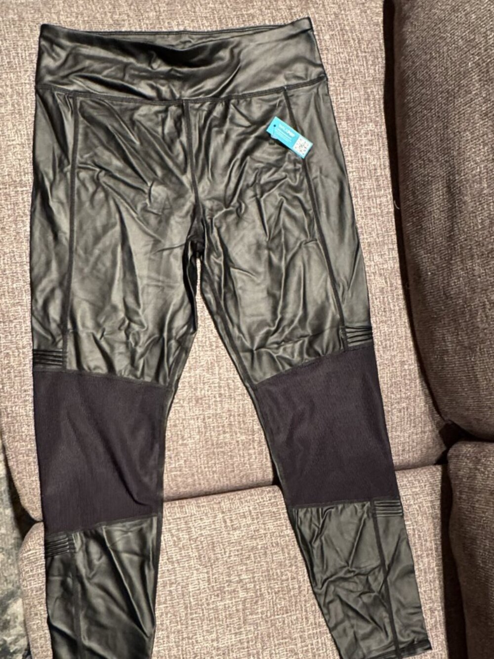 NWT Walkpop Black Faux Leather Moto Leggings with Ribbed & Mesh Panels, Large